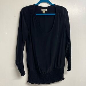 Primrose Blouse Silk Elegant Scoop Neck Smocked Cuff and Hem Black Size Medium